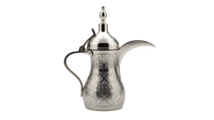 Traditional arabic coffee pot dallah made of silver metal with hammered texture, isolated on transparent background