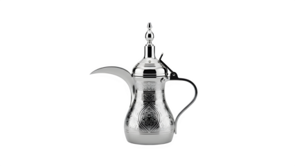 Traditional arabic coffee pot dallah made of silver metal with intricate engravings, isolated on transparent background