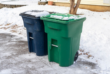 trash bin on the driveway after snow removed
