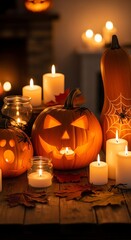 Warmly lit Halloween still life with carved pumpkins and candles on a rustic wooden table against a cozy autumnal background with soft focus.
