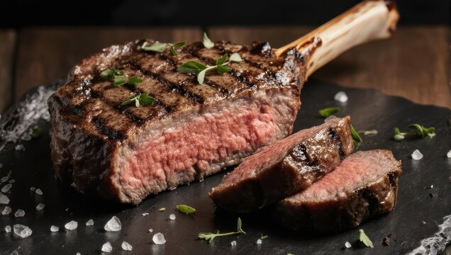 Juicy Tomahawk Steak Grilled to Perfection with Herbs and Sea Salt.