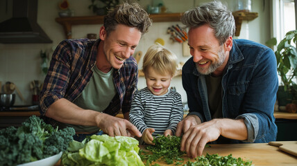 Two joyful fathers play with their toddler while chopping fresh greens in a bright kitchen Generative AI