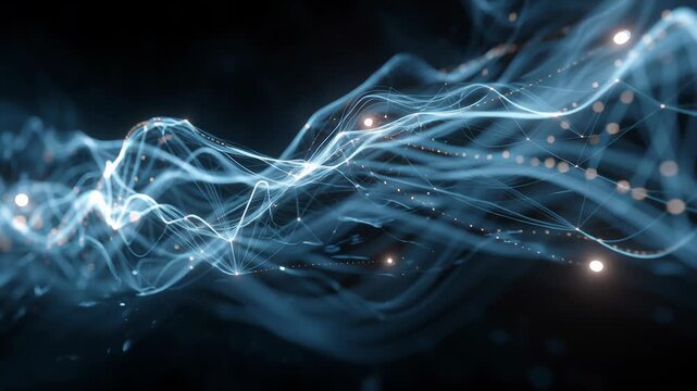 A long, blue wave of light with many small, white sparkles. Smooth neural light patterns symbolizing ai restorative tools soft glow flowing threads minimal elegant ai driven mental health tools