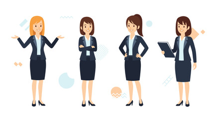 Obraz premium Collection of a female cartoon character in a business suit shown in four different poses: presenting, arms crossed, hands on hips, and holding a clipboard.