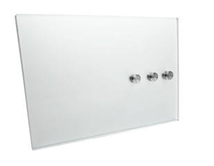 Glass whiteboard with metal standoffs, isolated