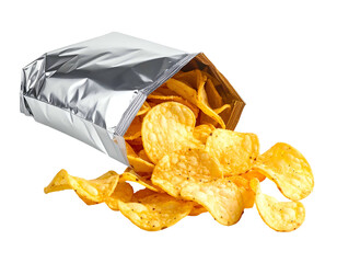 Silver bag spilling golden, seasoned potato chips onto black