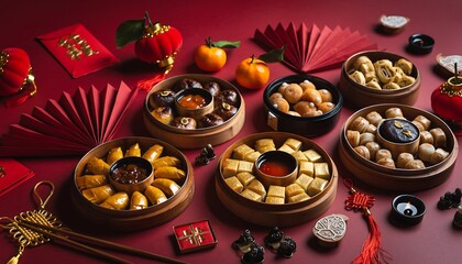 Assorted traditional pastries and decorations arranged on a red surface for a festive celebration