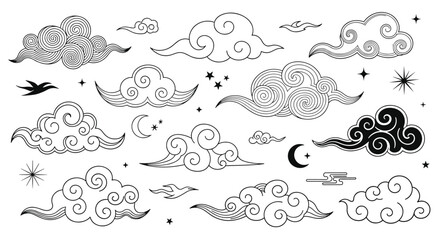 Extensive collection of decorative celestial clouds stars and crescent moons in black line art style for mystical and traditional designs.