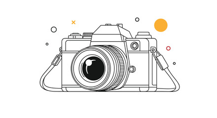 Classic analog film camera line art illustration with minimalist geometric accents on a clean white background for photography enthusiasts.