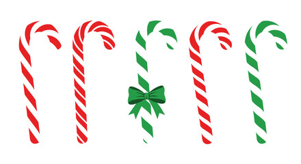 Festive row of red and green striped candy canes with one center piece decorated by a green ribbon bow on a solid white background.