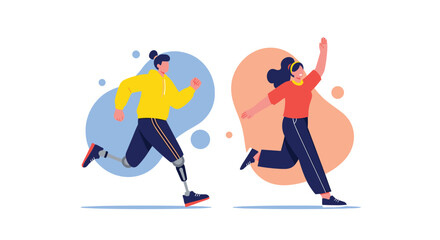 Fototapeta premium Inspiring illustration of a man and a woman with prosthetic legs running energetically against a colorful abstract background.
