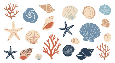 Large assortment of various seashells, starfish, and coral branches in shades of blue, beige, and orange for marine themed decorations.