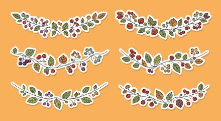 Set of six colorful autumn-themed wreaths and borders featuring various leaves and berries for seasonal decorations and card designs.
