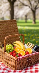 A wicker picnic basket filled with fresh fruits and wine on a red and white checkered tablecloth in a park with trees and flowers in the background.