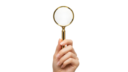 Woman's hand holding golden magnifying glass for search, analysis, discovery, or research concept isolated PNG with Transparent Background