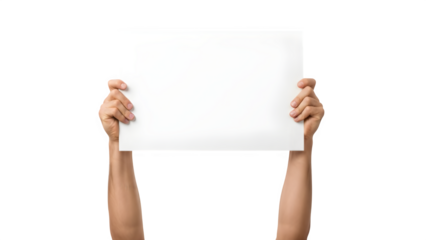 Pair of hands holding up blank white paper sign for advertisement or message display. isolated PNG with Transparent Background