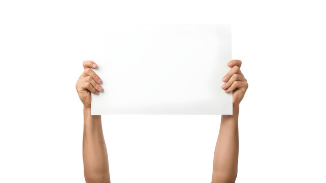Pair of hands holding up blank white paper sign for advertisement or message display. isolated PNG with Transparent Background