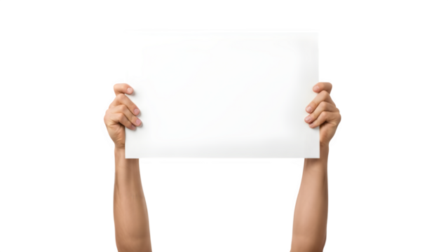 Pair of hands holding up blank white paper sign for advertisement or message display. isolated PNG with Transparent Background - Powered by Adobe