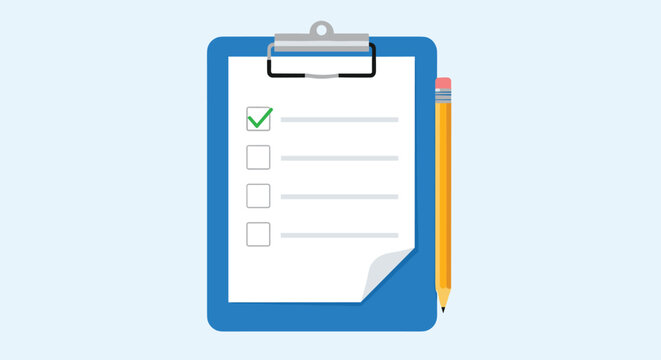 Flat design illustration of a blue clipboard with a checklist, a completed checkbox, and a yellow pencil, representing tasks and planning.