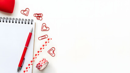 Fototapeta na wymiar Open Notebook with Pen Decorative Tape and Heart Shaped Clips for Valentine s or Anniversary Valentine