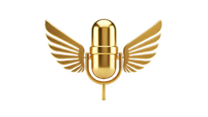 Premium golden microphone logo with wings for music, podcasting, and audio branding isolated PNG with Transparent Background