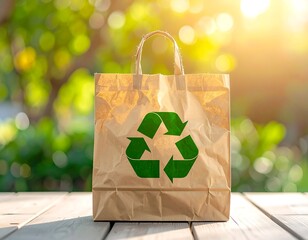 Recycled brown paper shopping bag with green recycling symbol