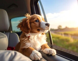 Puppy happily gazing out car window, enjoying a sunny day