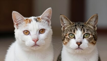 Obraz premium Portrait of Two Domestic Cats with Distinctive Markings Sitting Close Together Indoors