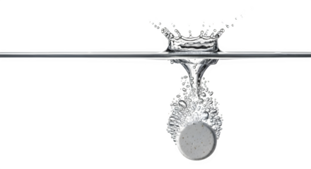 Fizzy effervescent tablet dissolving in clear water creating splash and bubbles. isolated PNG with Transparent Background