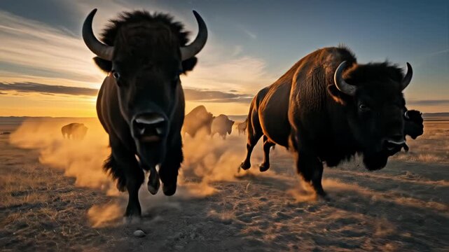 Powerful American Bison Herd Running Wild at Sunset