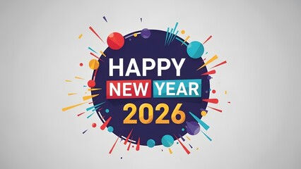 Happy New Year 2026 with colorful abstract exploding fireworks and confetti.