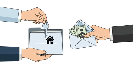 Illustration of a real estate transaction showing hands exchanging a house key and folder for an envelope full of cash money.