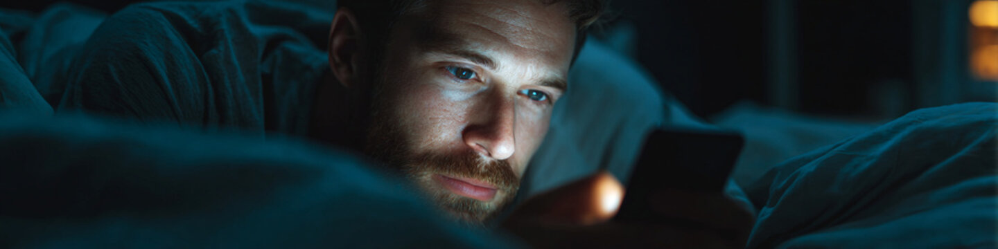 A man lies in bed looking at his smartphone with a concerned expression in the dark