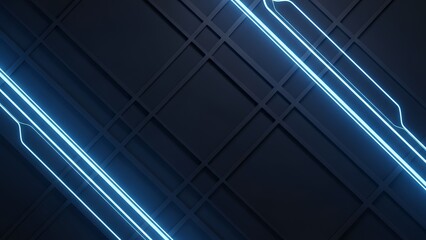 暗いグリッド背景に光る青いネオンラインの未来的な素材