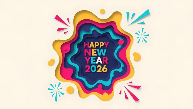 Happy New Year 2026 text layered in a colorful abstract explosion with fireworks. - Powered by Adobe