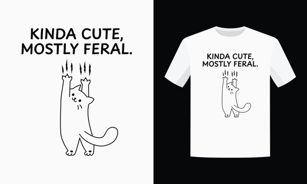 Funny Cat T-Shirt Design with Clawing Kitty and Sass Quote Kinda Cute, Mostly Feral | Minimalist Vector Graphic for Pet Lovers with Attitude