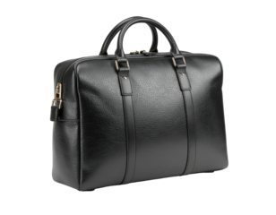 Black leather briefcase; formal, structured, professional