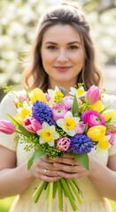 Portrait of a smiling woman holding a colorful bouquet of flowers in her hands with a blurred outdoor background and a warm sunny mood.