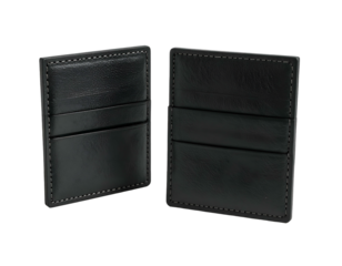 Two minimalist black leather card holders, stitched
