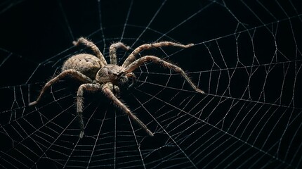 Fuzzy spider with prominent eyes meticulously weaving its intricate, sticky silk web, capturing the essence of predatory nature and delicate craftsmanship against a dark, atmospheric backdrop