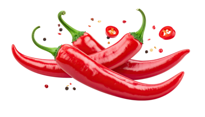 Three shiny red chilies with sliced rings, spices