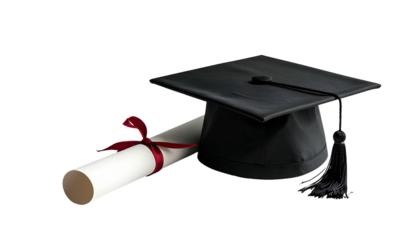 Grad cap & diploma, tied with ribbon, isolated on black