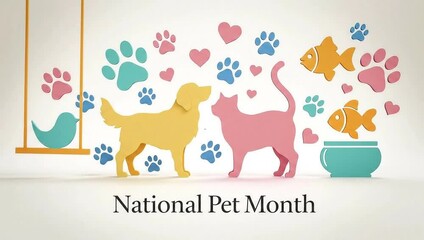 Celebrating National Pet Month with a colorful display of dog, cat, and paw prints.