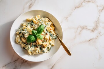 Creamy pasta with spinach and cheese, garnished with fresh basil leaves and chili flakes, served in a white bowl on a bright, elegant marble countertop with a golden fork.