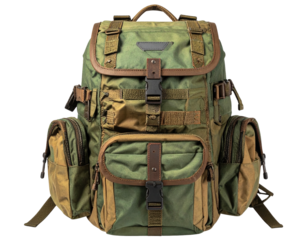 Green/brown backpack with pockets, flaps, straps