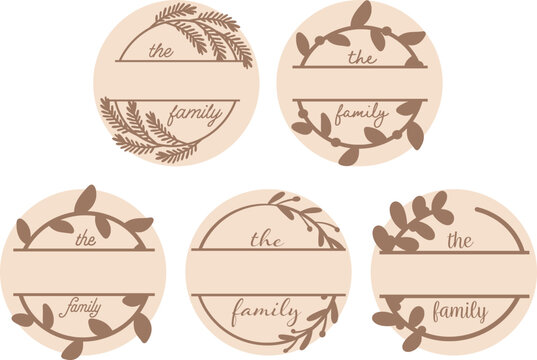 Family Split Monogram SVG, Laser Cut Files, Personalized Name, Elegant Wreath, Decorative Laurel Leaves Branches, Round Sign Bundle
