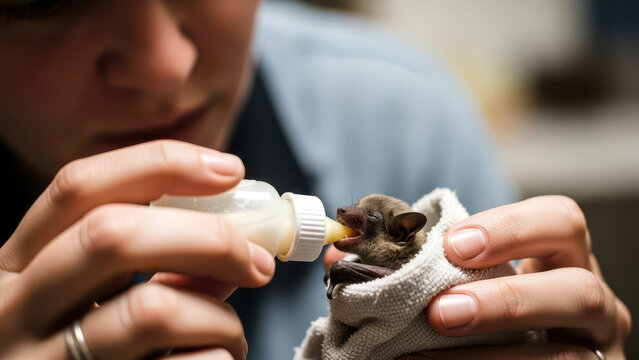 Wildlife rescuer bottle feeding a tiny orphaned baby bat
