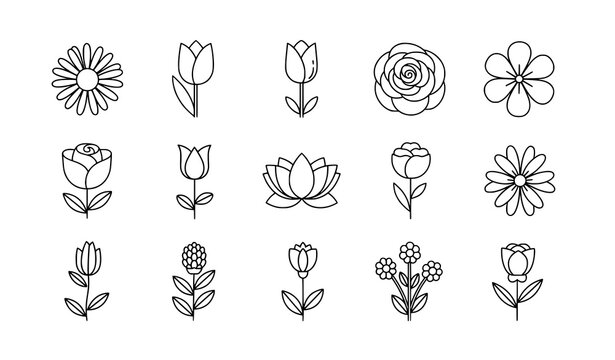 Simple flower outline vector set in flat minimal line style on white background