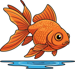 Vibrant Orange Goldfish Swimming Above Rippling Water Surface Illustration © Syam Artwork