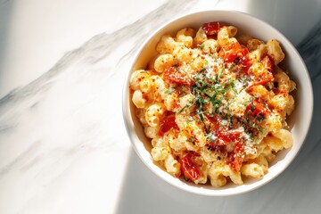 Gourmet Macaroni and Cheese (Cavatappi Pasta) topped with Roasted Cherry Tomatoes, Fresh Basil, and Parmesan Cheese, served in a white bowl on bright marble, top view with copy space.